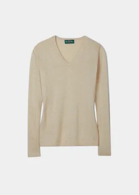 Alice Ladies Cotton Cashmere Vee Neck Jumper In Sand