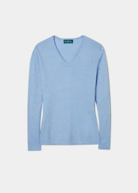 Alice Ladies Cotton Cashmere Vee Neck Jumper In Steel Blue