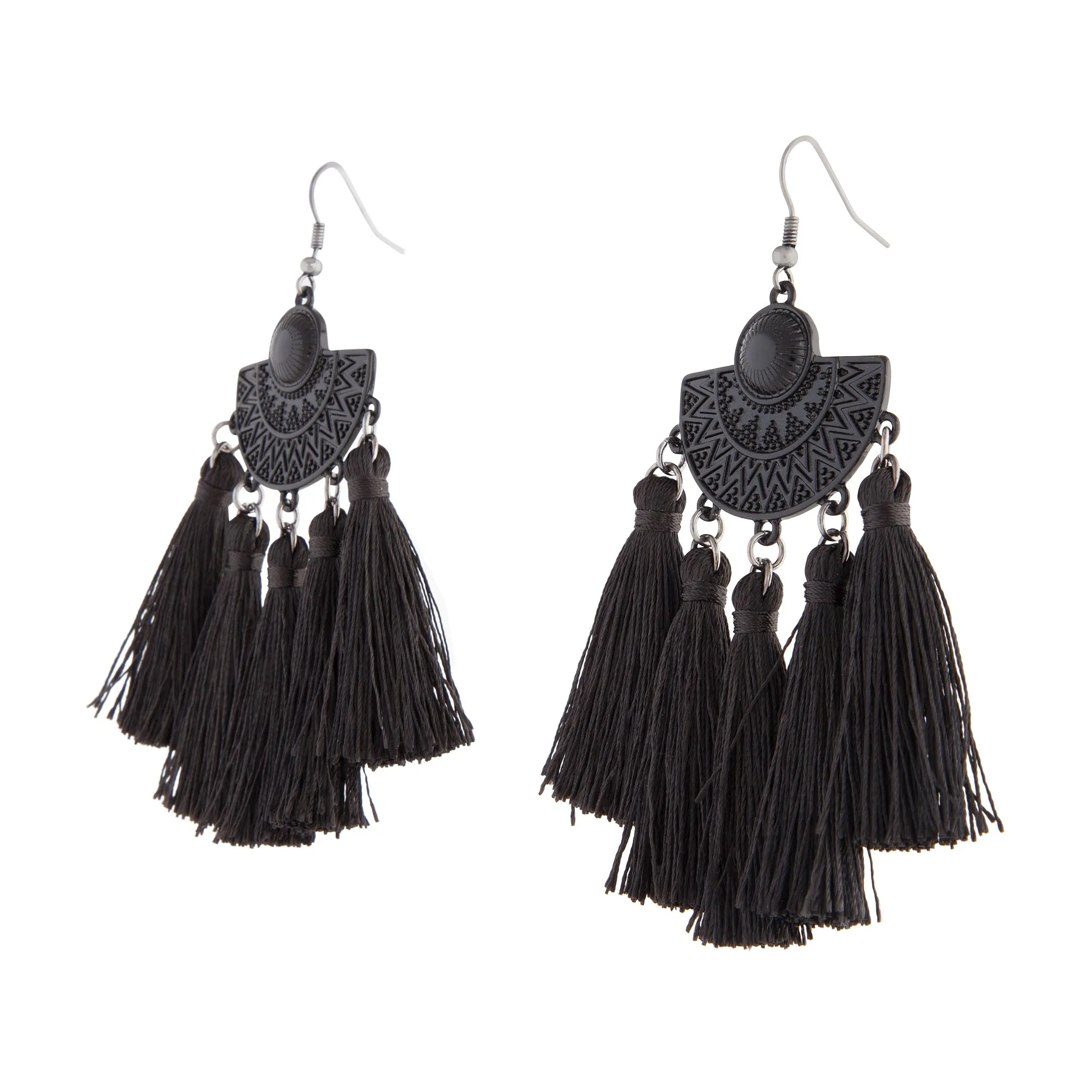 Black Coated Etched Shield 5 Tassel Earrings