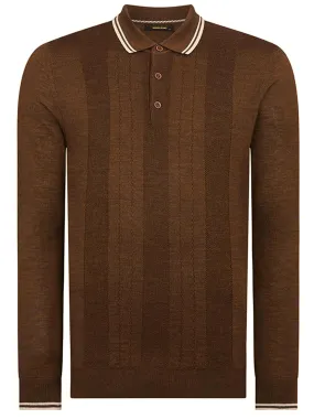 Brown Merino Wool Long Sleeve Retro Knitted Polo