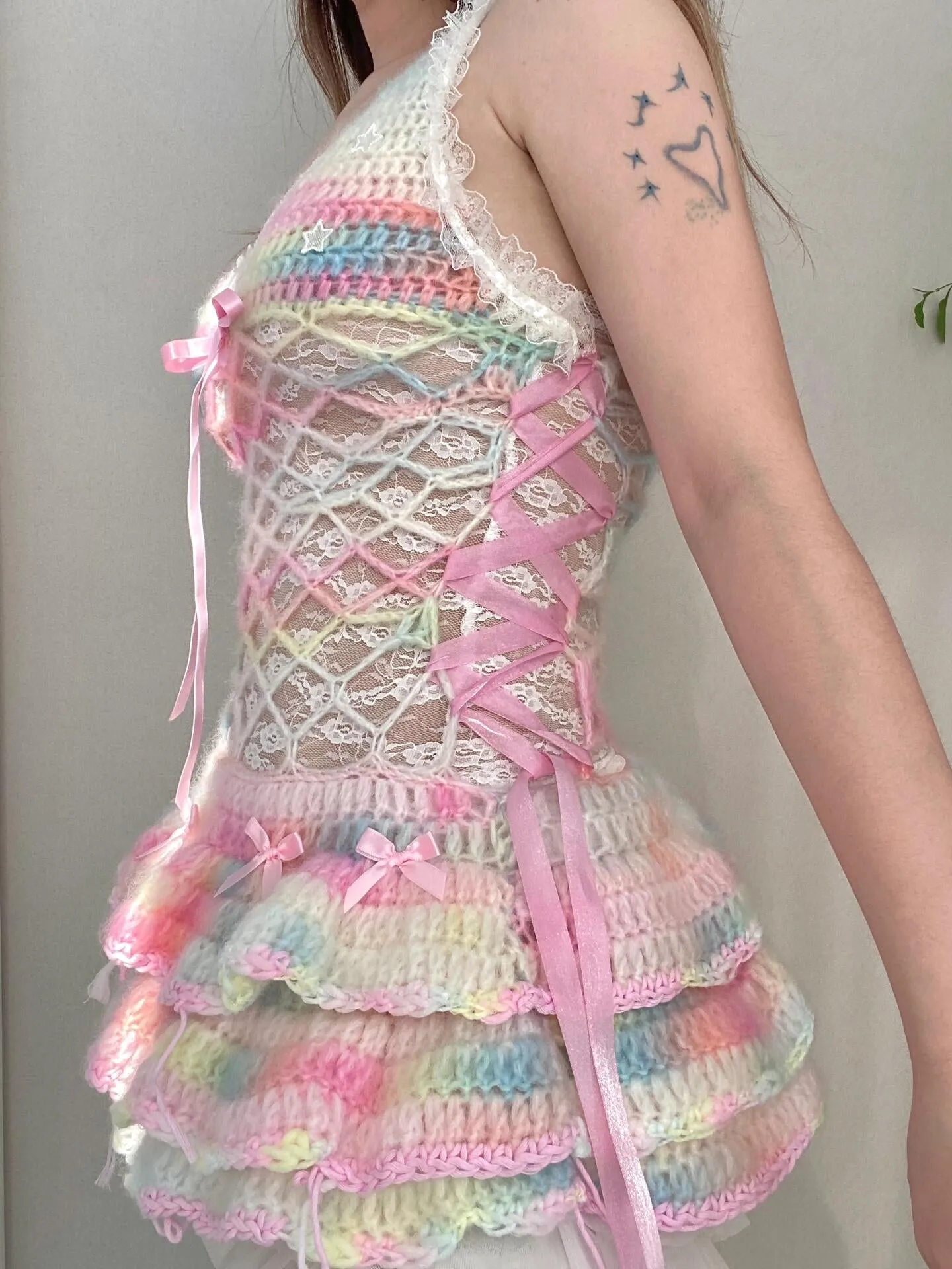 [Customized Hande Sewed] Rainbow Hearts Pastel Knitting Mini Dress