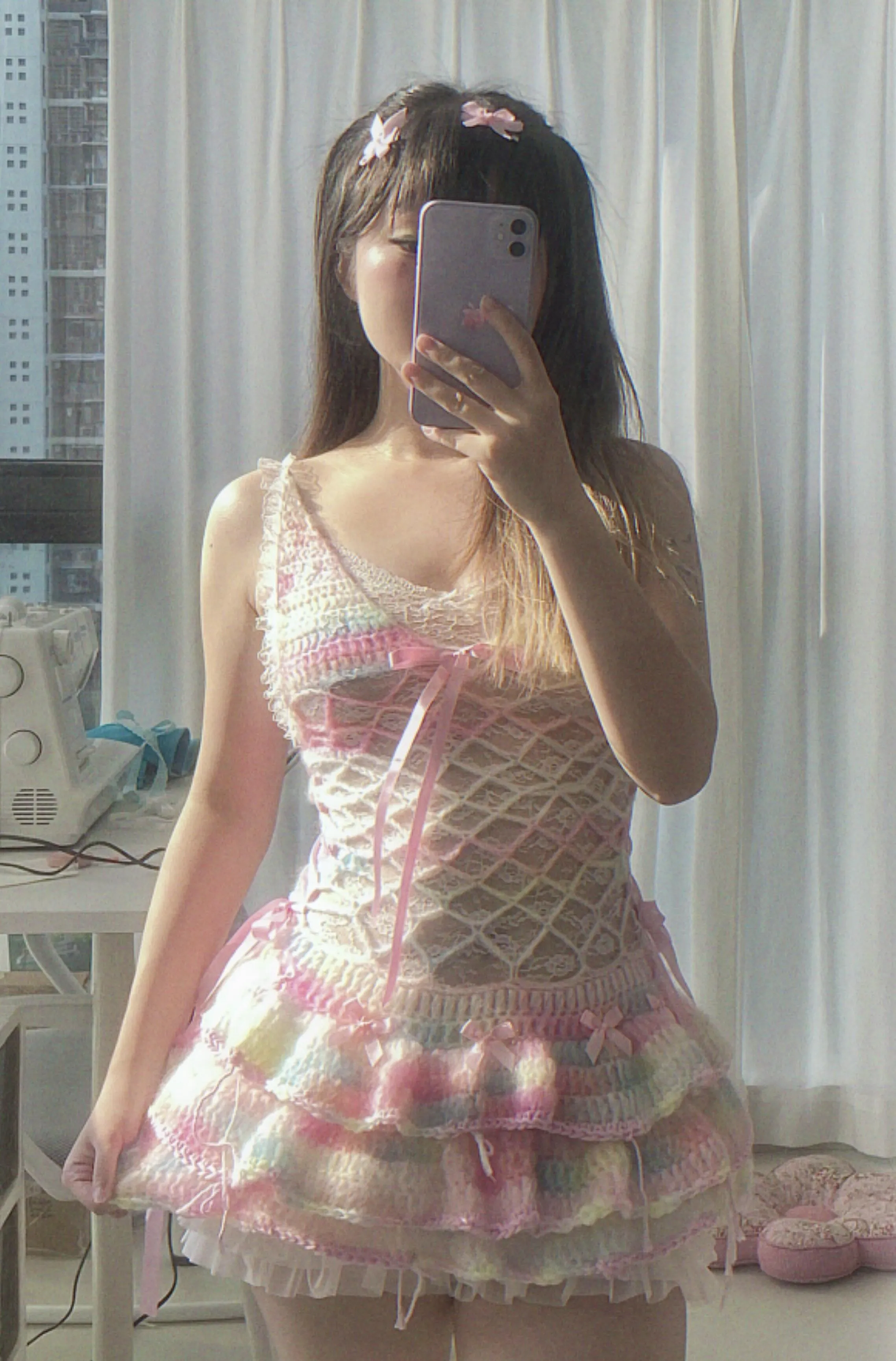 [Customized Hande Sewed] Rainbow Hearts Pastel Knitting Mini Dress