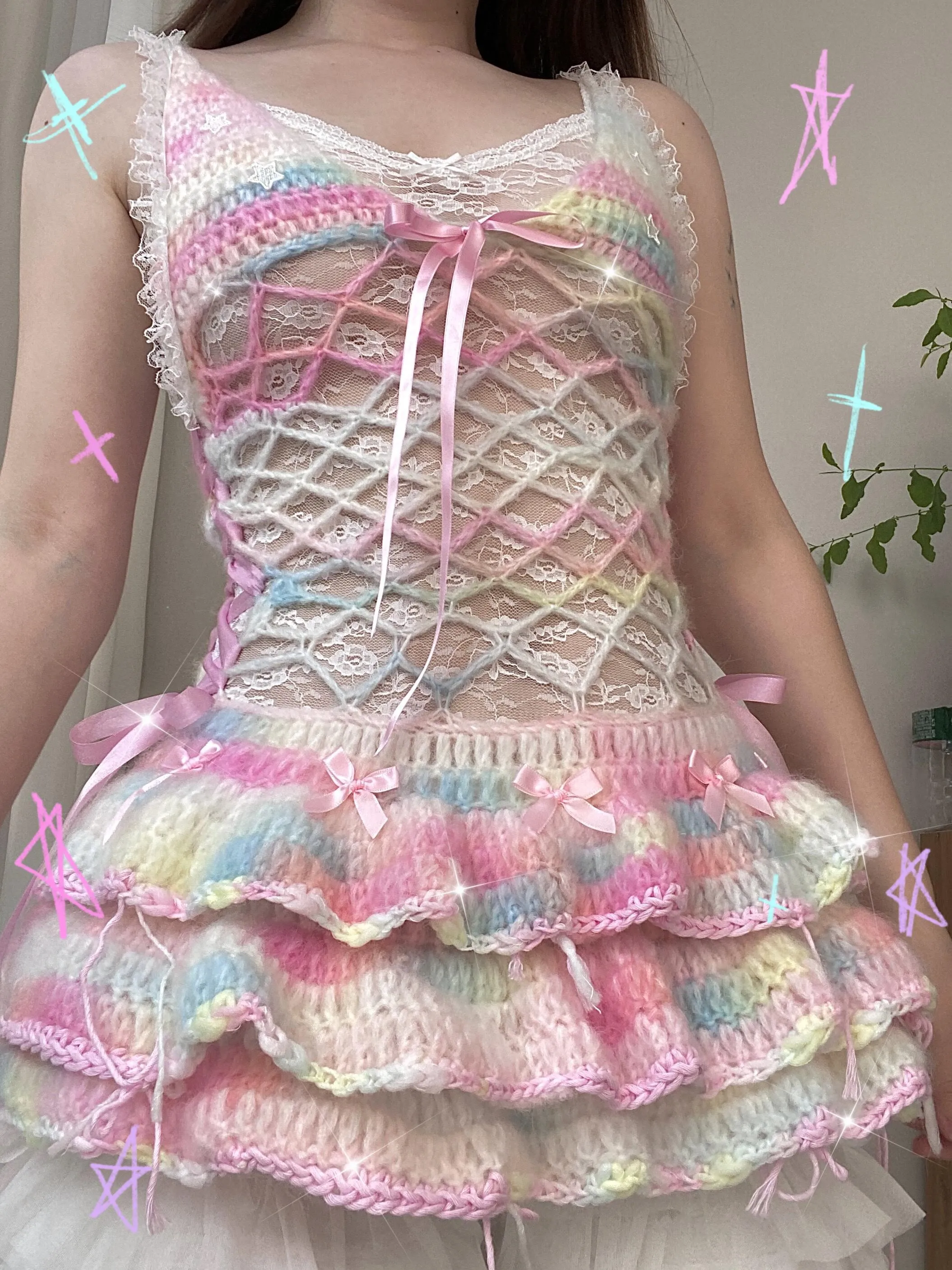 [Customized Hande Sewed] Rainbow Hearts Pastel Knitting Mini Dress