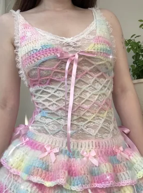 [Customized Hande Sewed] Rainbow Hearts Pastel Knitting Mini Dress