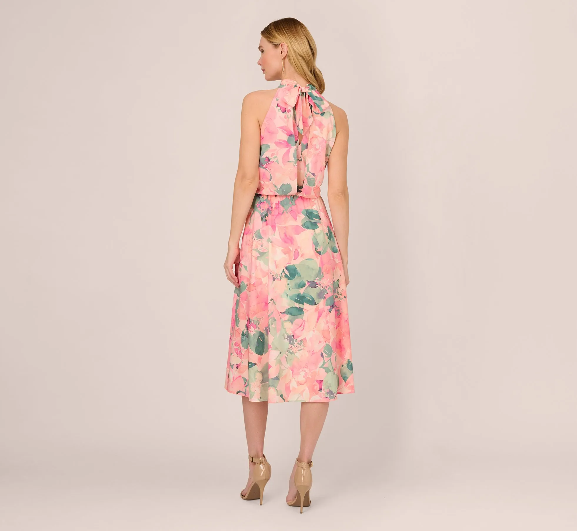 Floral Print Chiffon Halter Dress With Mock Neck In Blush Multi