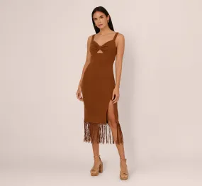 Fringe Trim Midi Dress With Keyhole Cutout Bust In Light Brown