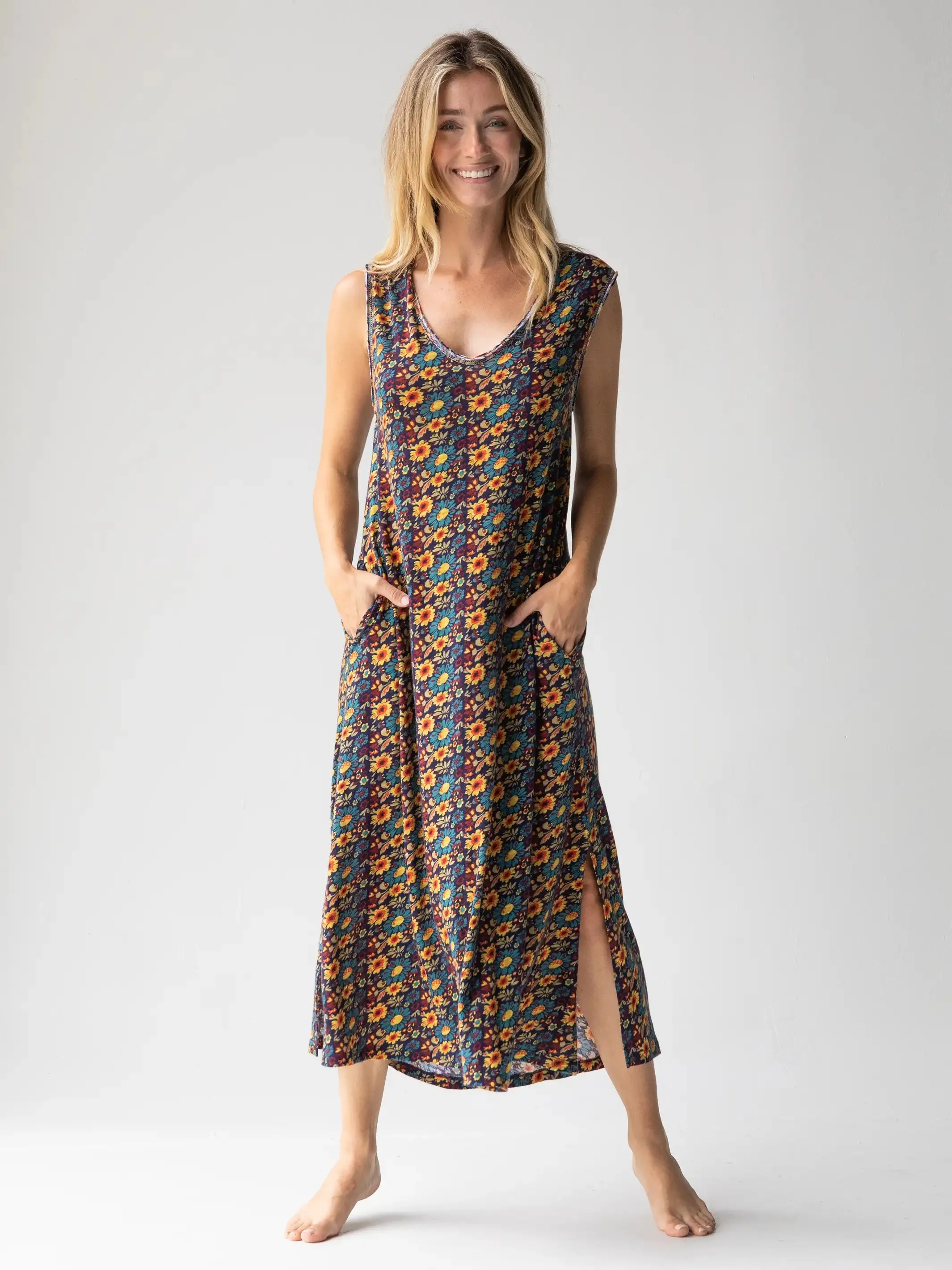 Hangout Cotton Midi Dress - Navy Olive Floral