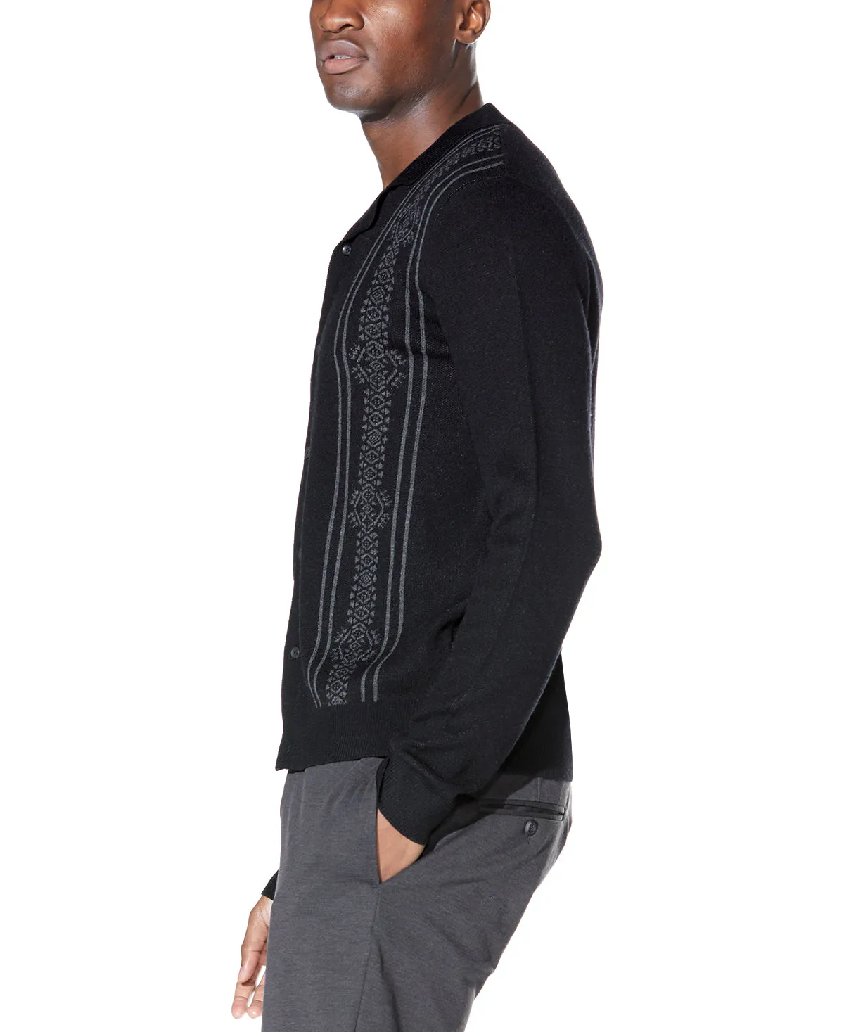 Luigi Full Placket Sweater Camp Shirt (Black)