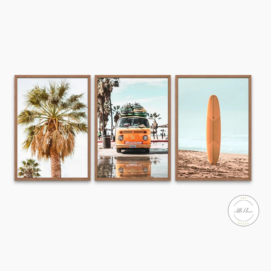 Set Of 3 Burnt Orange Beachy Coastal Boho Decor PRINTABLE ART, Surf Van Palm Print, Beach Prints, Tropical Vibes, Surfboard Decor