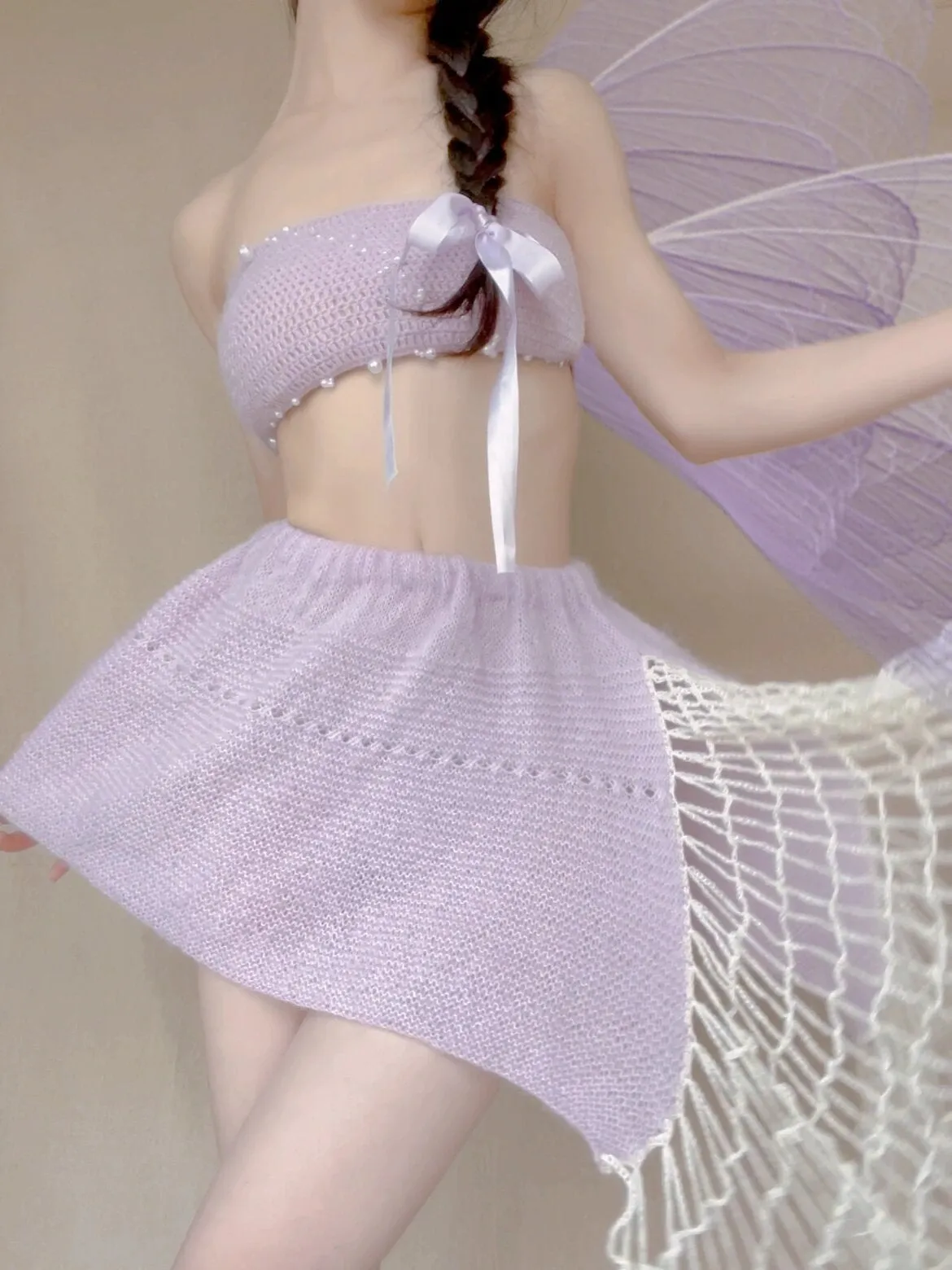 [Tailor Made] Lavender Dream Fairy Style Knitting Set with glass Pearl on bralette and skirt