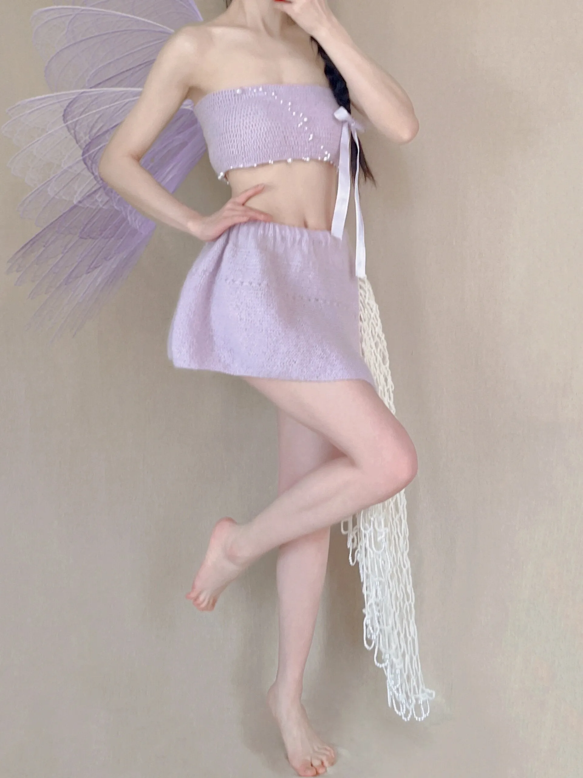 [Tailor Made] Lavender Dream Fairy Style Knitting Set with glass Pearl on bralette and skirt