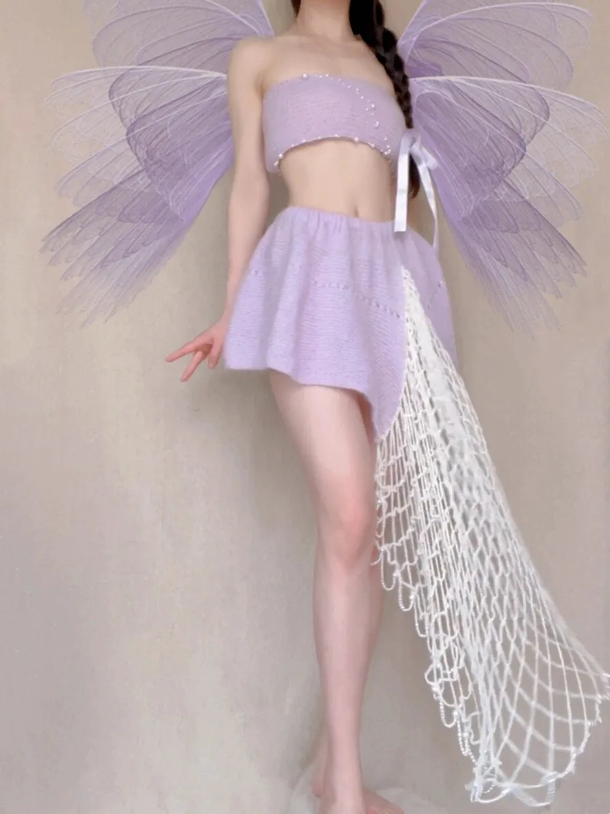 [Tailor Made] Lavender Dream Fairy Style Knitting Set with glass Pearl on bralette and skirt