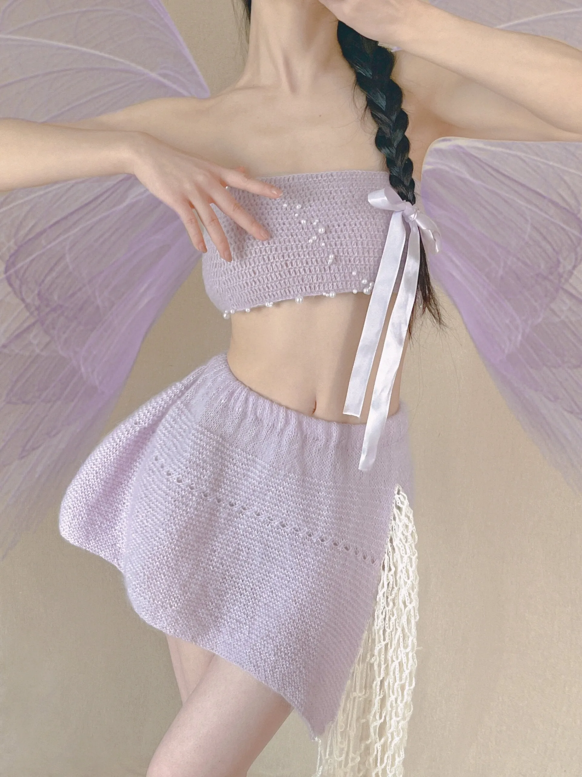 [Tailor Made] Lavender Dream Fairy Style Knitting Set with glass Pearl on bralette and skirt