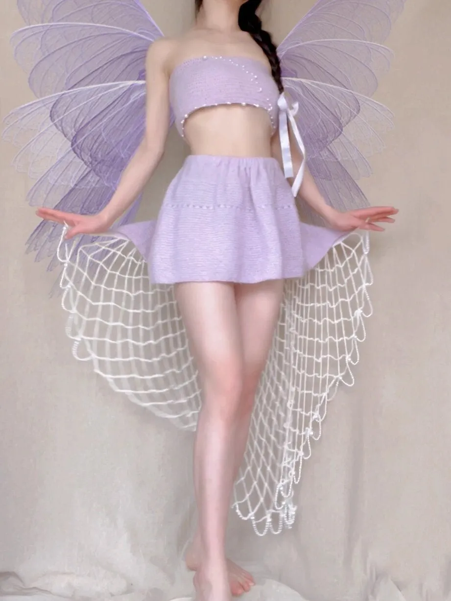 [Tailor Made] Lavender Dream Fairy Style Knitting Set with glass Pearl on bralette and skirt