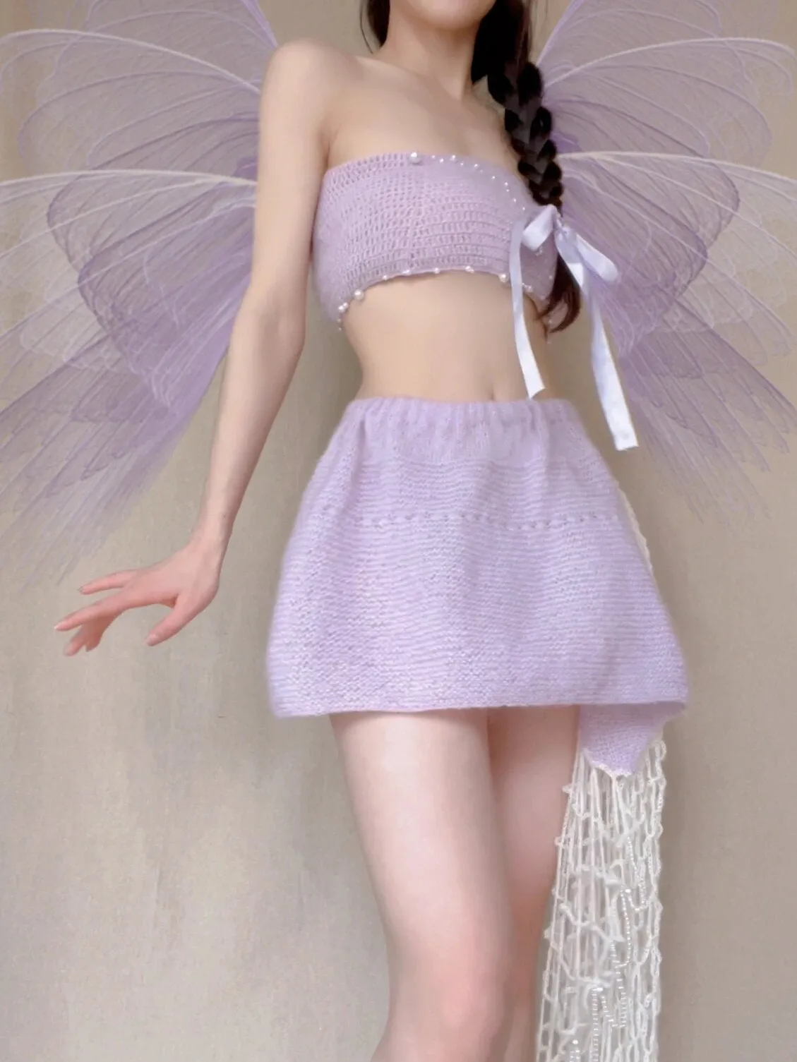 [Tailor Made] Lavender Dream Fairy Style Knitting Set with glass Pearl on bralette and skirt