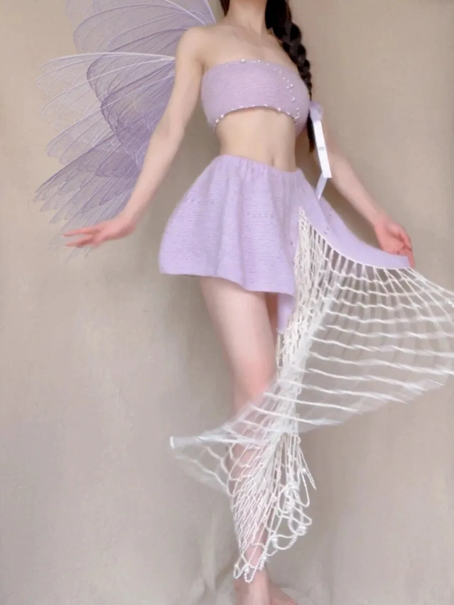 [Tailor Made] Lavender Dream Fairy Style Knitting Set with glass Pearl on bralette and skirt