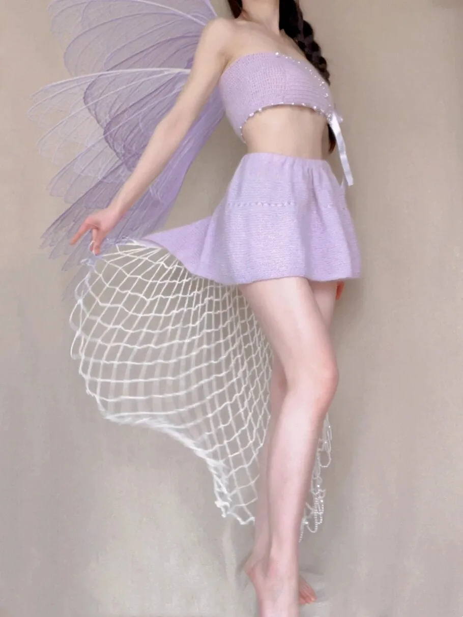 [Tailor Made] Lavender Dream Fairy Style Knitting Set with glass Pearl on bralette and skirt