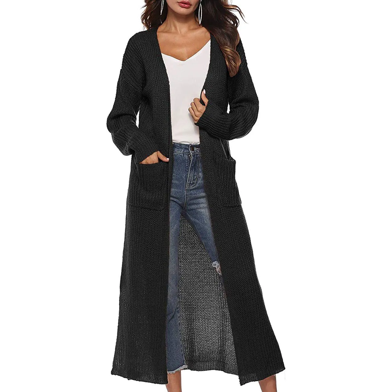 Womens Casual Long Sleeve Split Open Cardigan Knit Long Cardigan Sweaters with Pockets