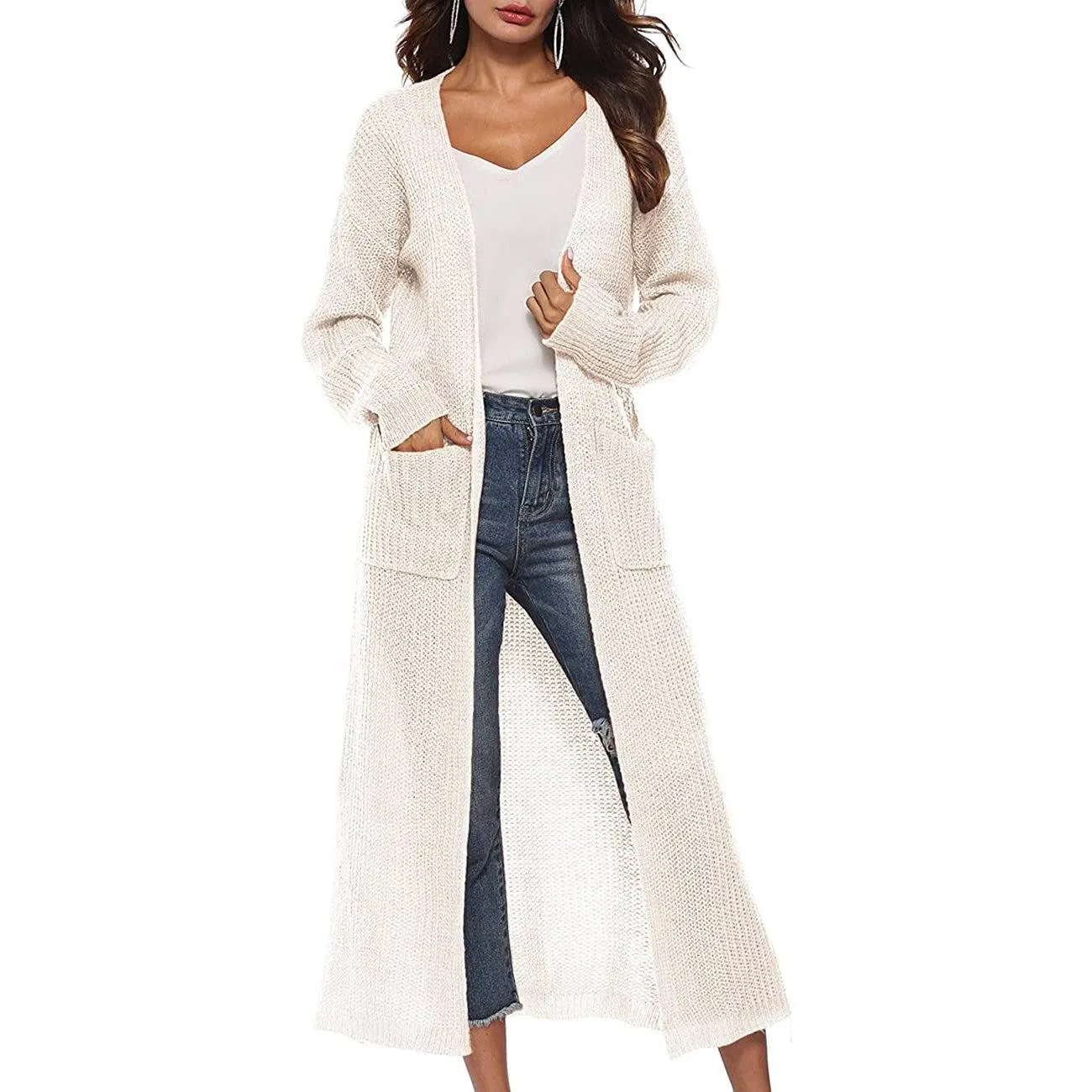 Womens Casual Long Sleeve Split Open Cardigan Knit Long Cardigan Sweaters with Pockets