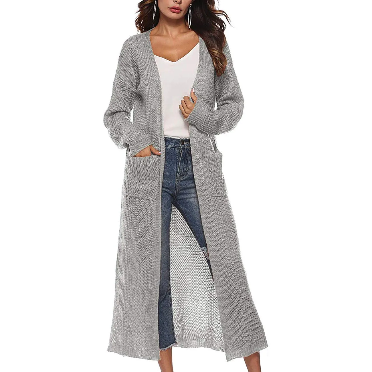 Womens Casual Long Sleeve Split Open Cardigan Knit Long Cardigan Sweaters with Pockets