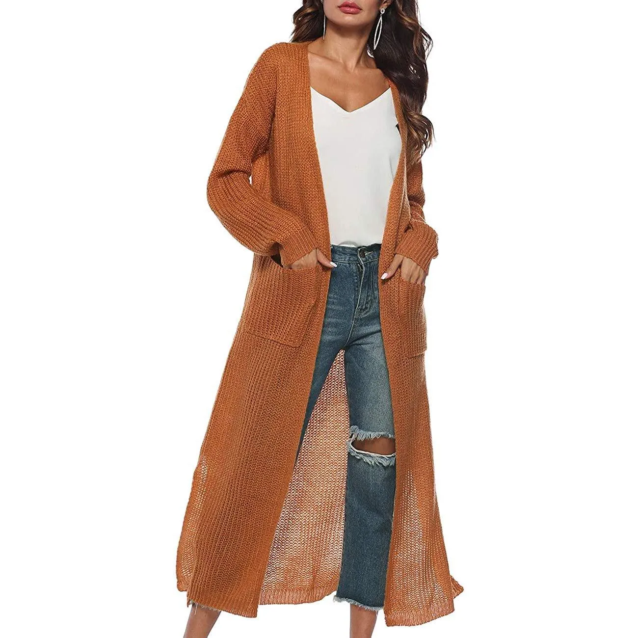 Womens Casual Long Sleeve Split Open Cardigan Knit Long Cardigan Sweaters with Pockets