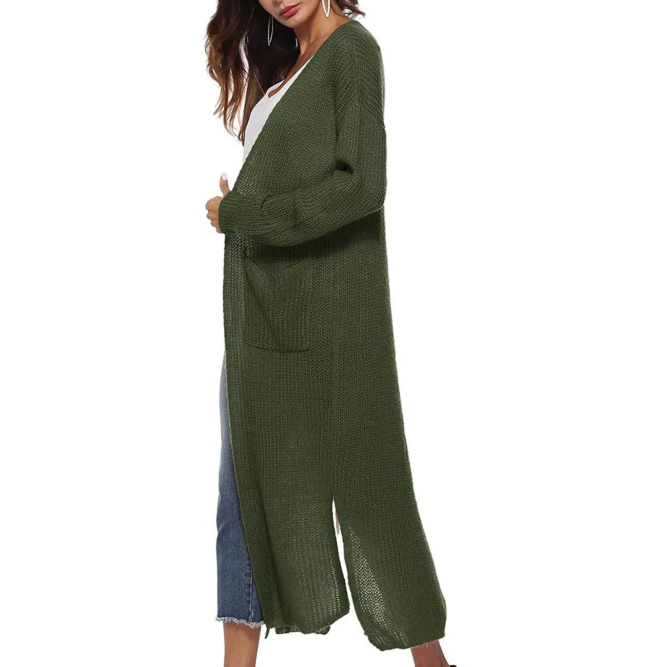 Womens Casual Long Sleeve Split Open Cardigan Knit Long Cardigan Sweaters with Pockets