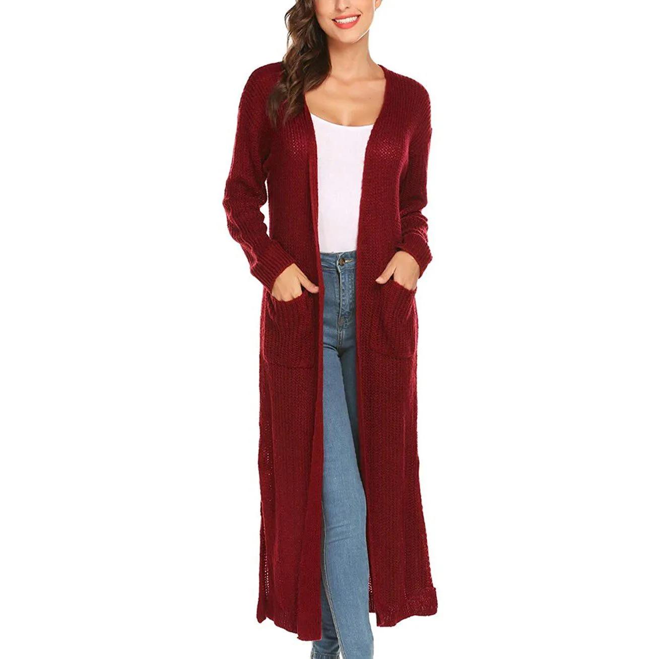 Womens Casual Long Sleeve Split Open Cardigan Knit Long Cardigan Sweaters with Pockets