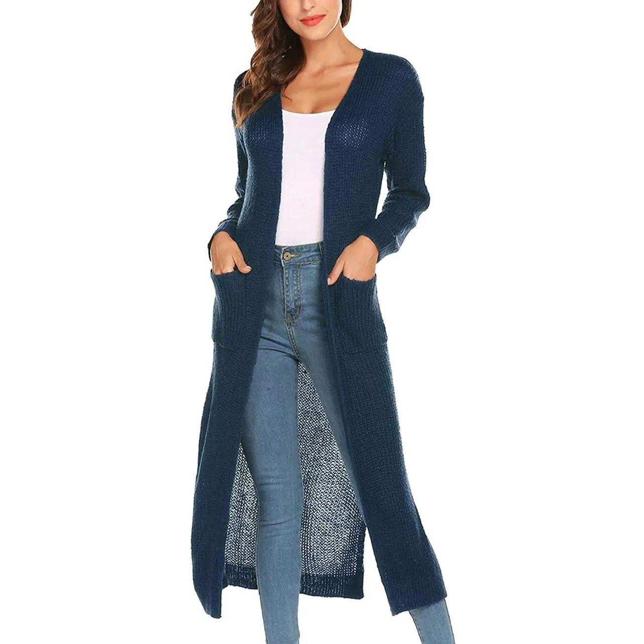 Womens Casual Long Sleeve Split Open Cardigan Knit Long Cardigan Sweaters with Pockets