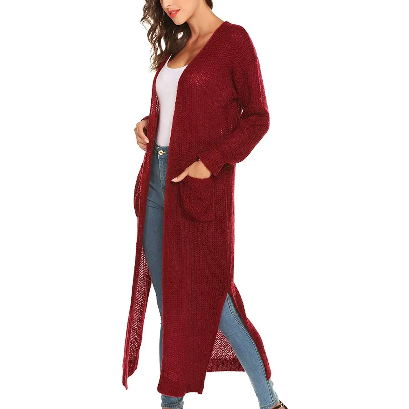 Womens Casual Long Sleeve Split Open Cardigan Knit Long Cardigan Sweaters with Pockets